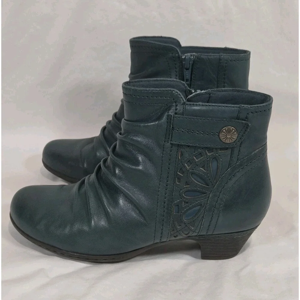 Rockport Cobb Hill Abilene Ankle Boots WMN 7M Teal Blue Ruched Leather Laser Cut